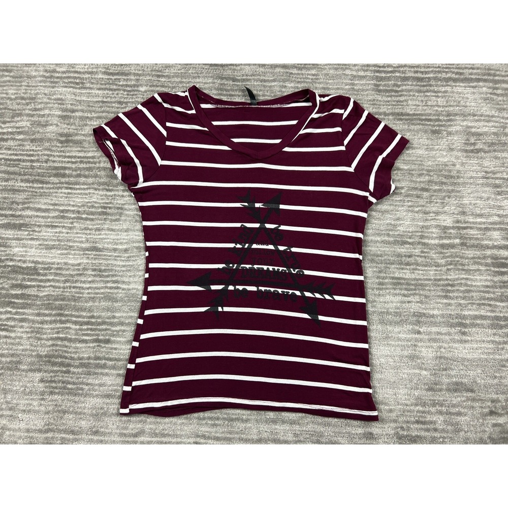 Electric Pink T-Shirt Womens Large Burgundy Striped Arrow Graphic V-Neck Tee
